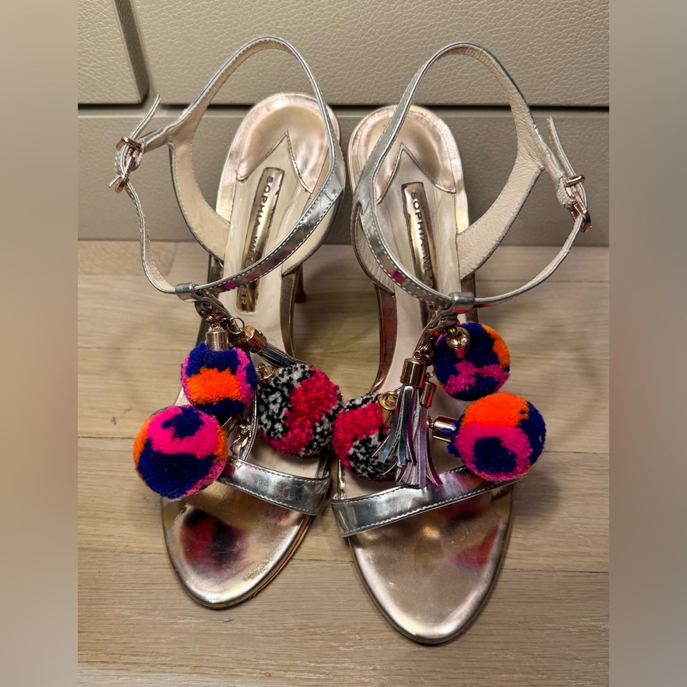 Sophia Webster Silver Heels with Colorful Pom-Poms